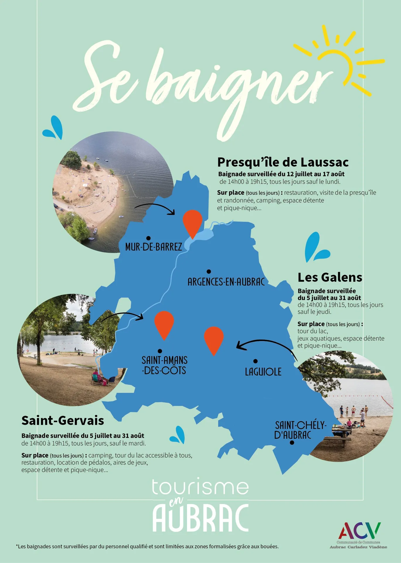 Baignade surveillée du 12 juillet au 17 aout de 14h à 19h15, tous les jours sauf le lundi.