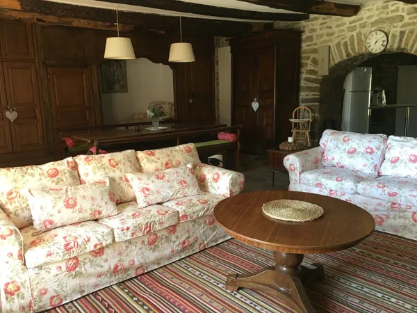 Coin salon avec cheminée et TV (satellite)