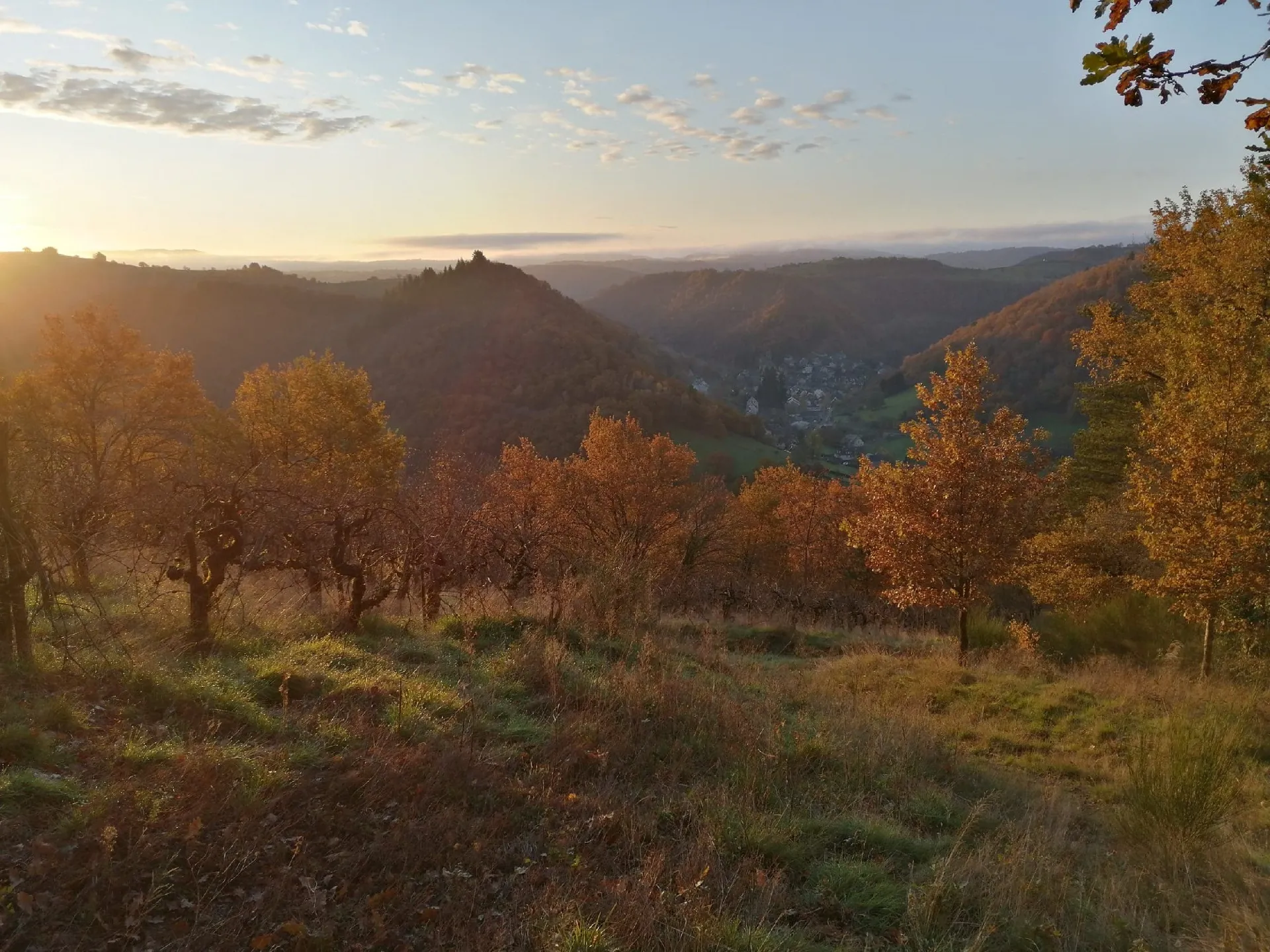 Vue sur Estaing depuis les vignes au petit matin